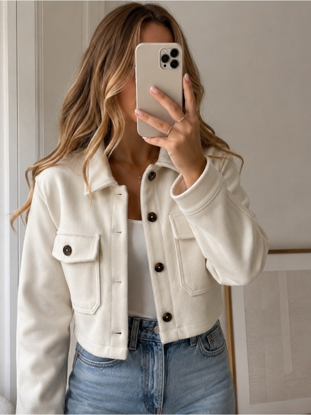 Cream Cropped Button-Front Jacket